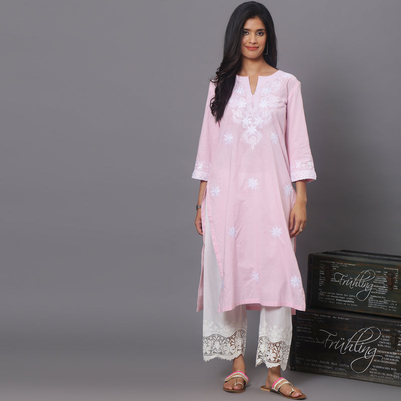 pink Cotton kurta with Embroidery