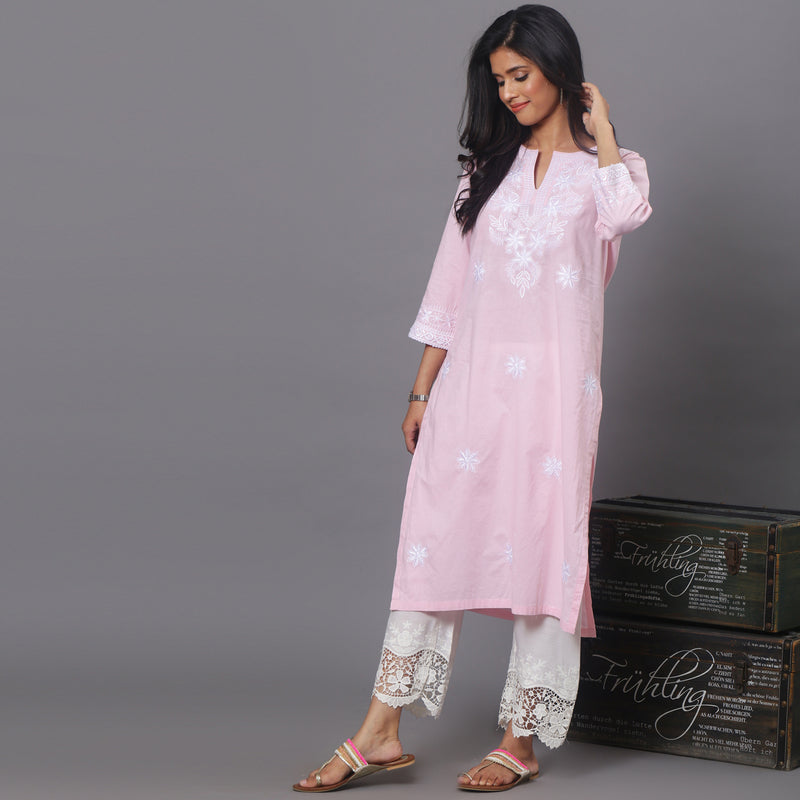 pink Cotton kurta with Embroidery