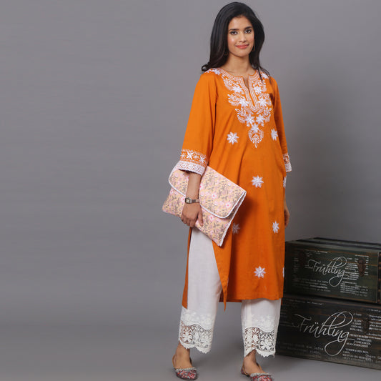 orange Cotton kurta with Embroidery