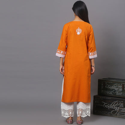 orange Cotton kurta with Embroidery