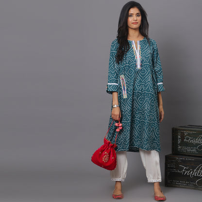 green Bandhni Kurta Set With White Harem Pants