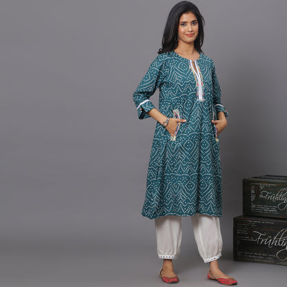 green Bandhni Kurta Set With White Harem Pants