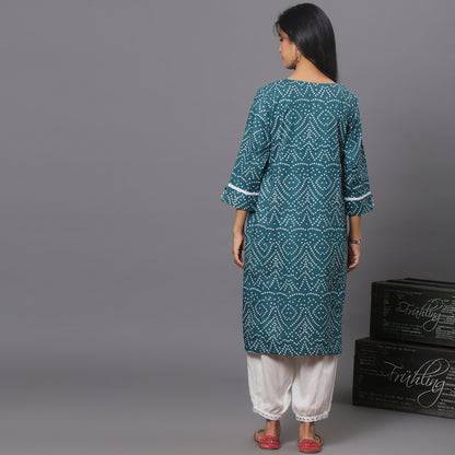 green Bandhni Kurta Set With White Harem Pants