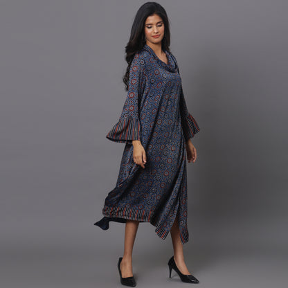 Asymetric cowl neck dress in ajrakh modal silk fabric with flared sleeves.