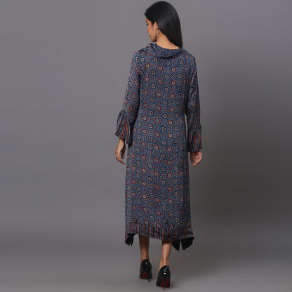 Asymetric cowl neck dress in ajrakh modal silk fabric with flared sleeves.