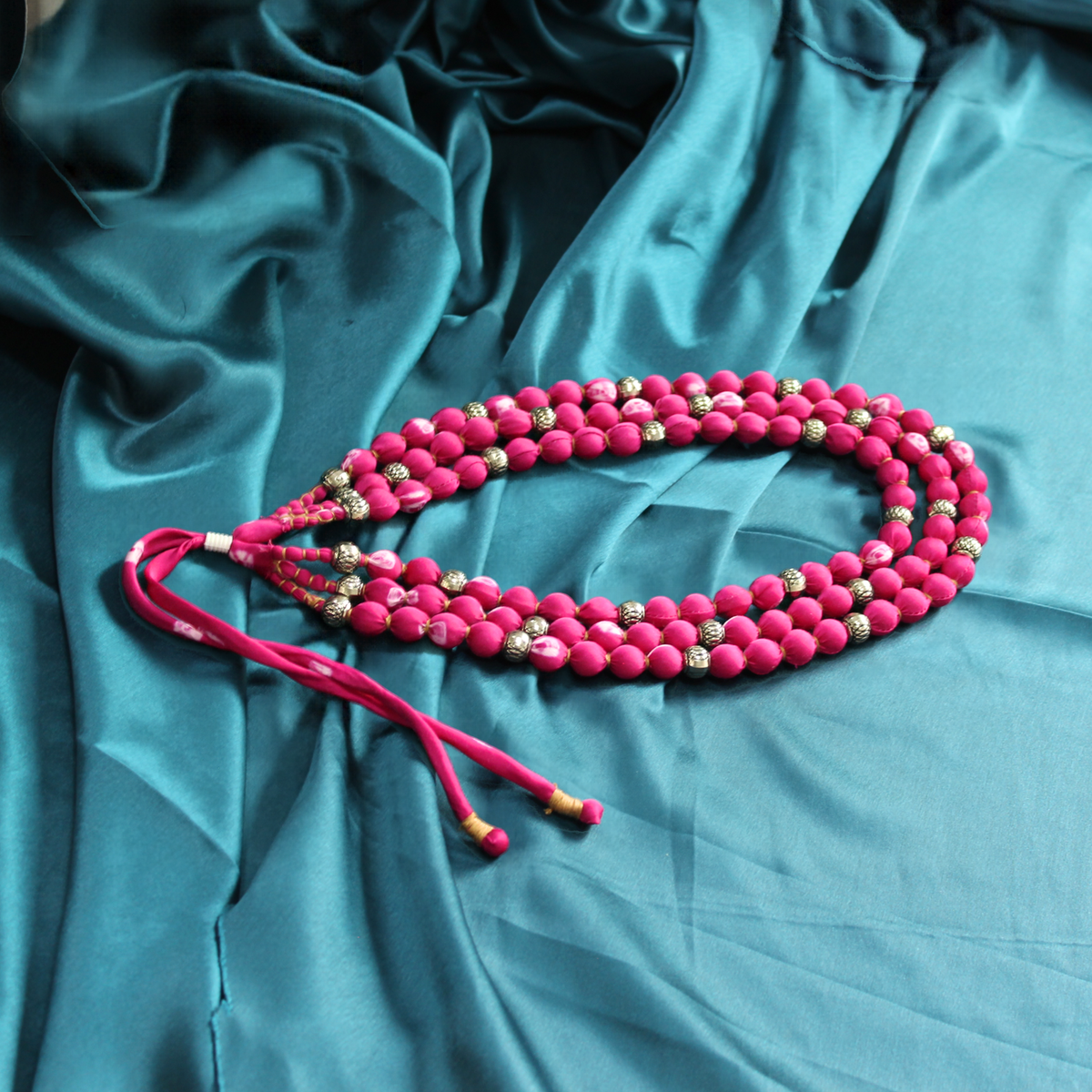 3 layer fabric beaded necklace in bandhni
