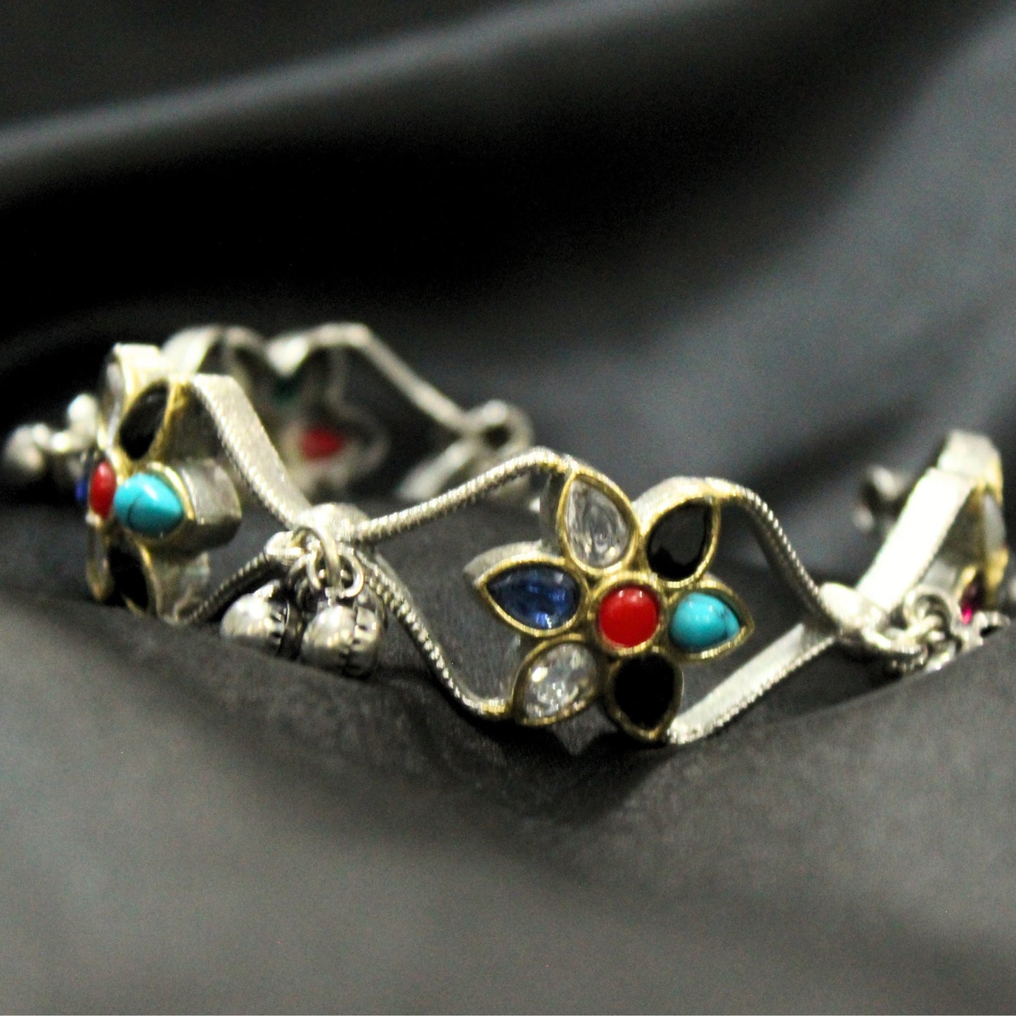 Floral Ghunghroo Bangle - Multicolour Stones - Spring Soul