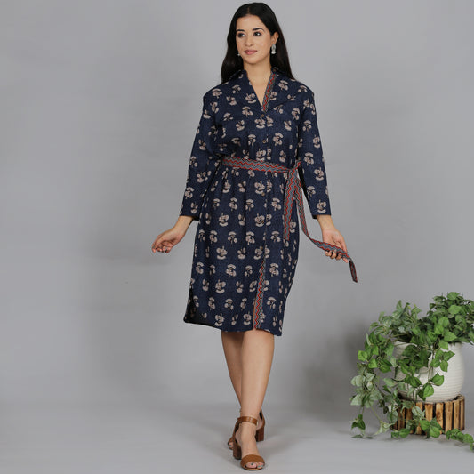 Blue printed cotton shirt dress with a belt