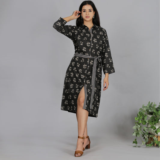 Grey printed cotton shirt dress with a belt