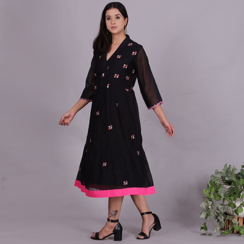 Black Chanderi gathered dress with embroidery