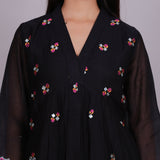 Black Chanderi gathered dress with embroidery