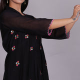 Black Chanderi gathered dress with embroidery