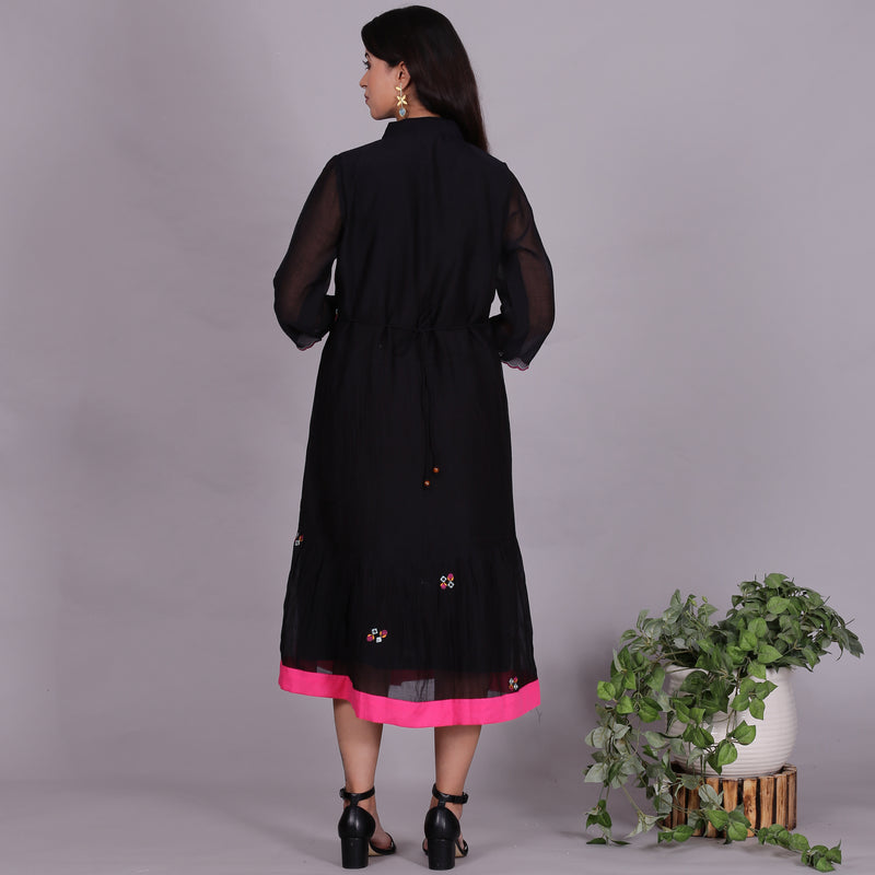 Black Chanderi gathered dress with embroidery