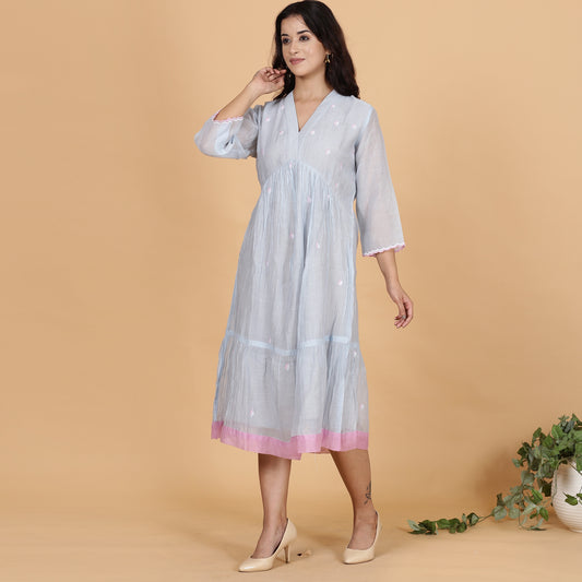 Blue-Grey Chanderi gathered dress with embroidery