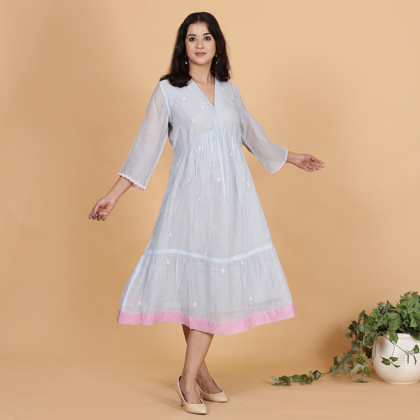 Blue-Grey Chanderi gathered dress with embroidery