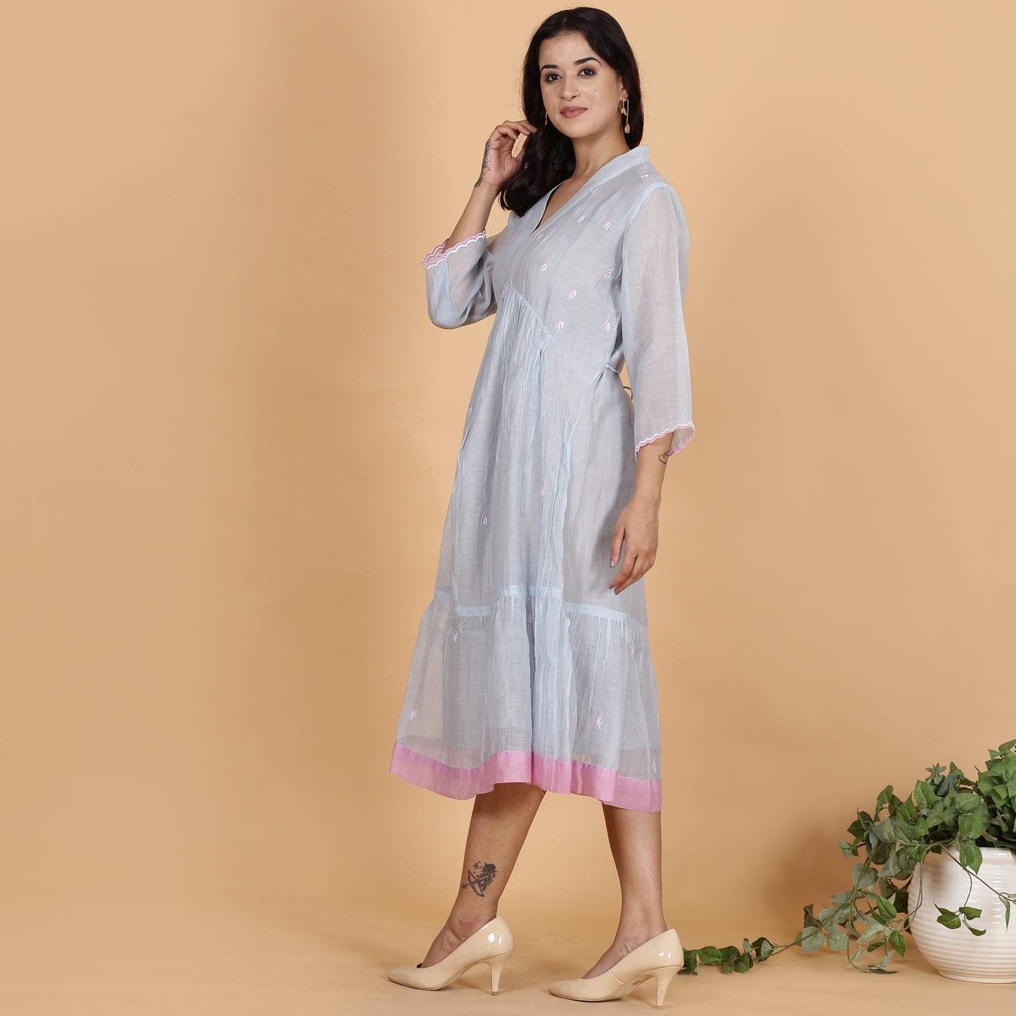Blue-Grey Chanderi gathered dress with embroidery