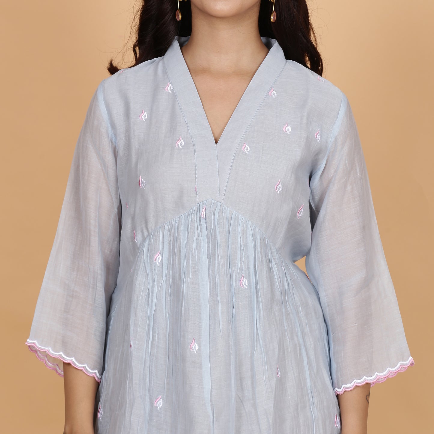 Blue-Grey Chanderi gathered dress with embroidery