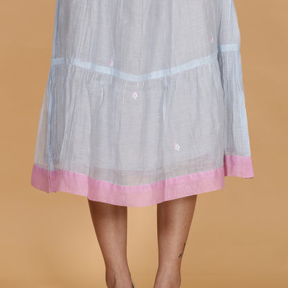 Blue-Grey Chanderi gathered dress with embroidery