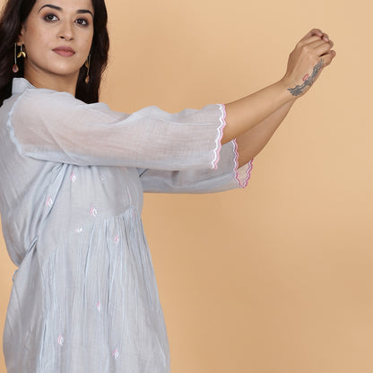 Blue-Grey Chanderi gathered dress with embroidery