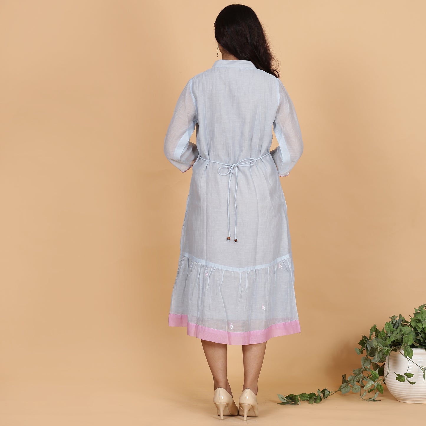 Blue-Grey Chanderi gathered dress with embroidery