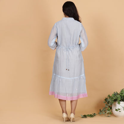Blue-Grey Chanderi gathered dress with embroidery