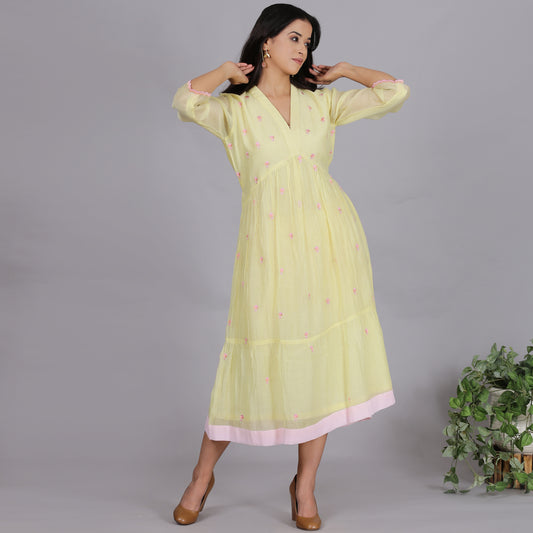 Yellow Chanderi gathered dress with Embroidery