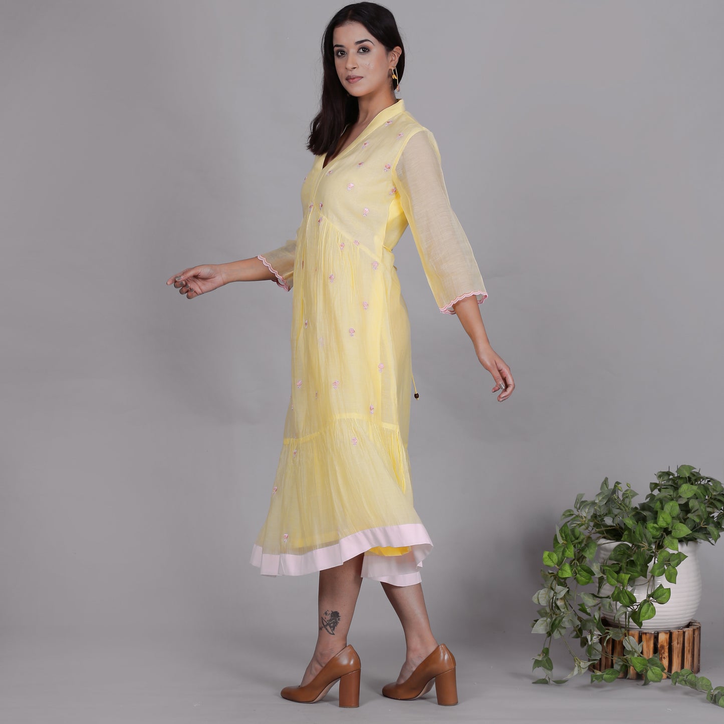 Yellow Chanderi gathered dress with Embroidery