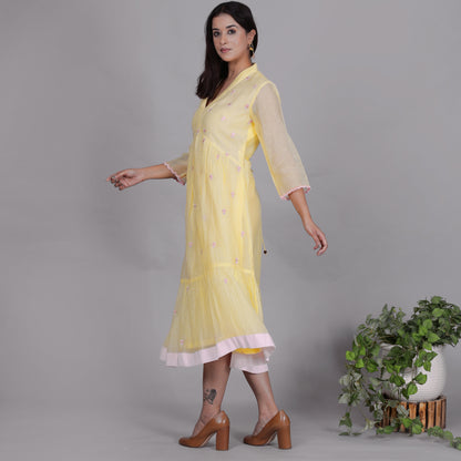Yellow Chanderi gathered dress with Embroidery