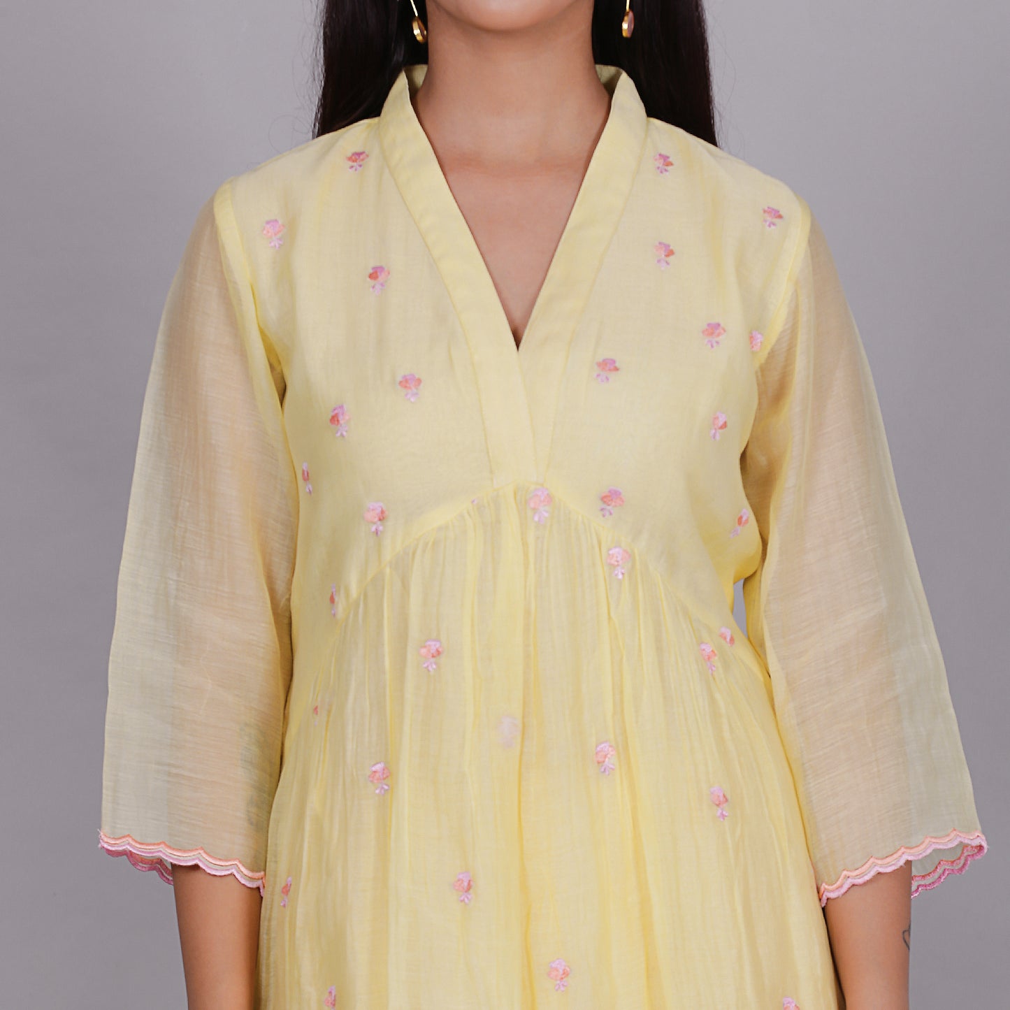 Yellow Chanderi gathered dress with Embroidery