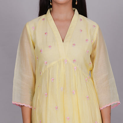 Yellow Chanderi gathered dress with Embroidery