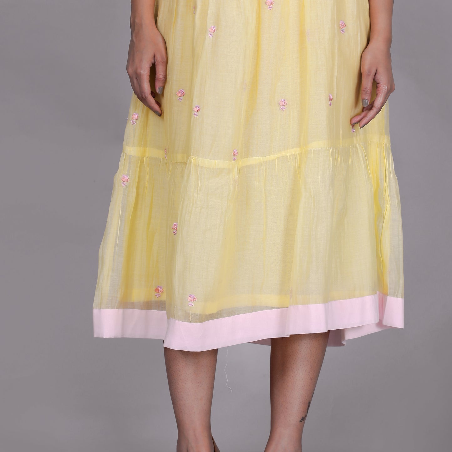 Yellow Chanderi gathered dress with Embroidery