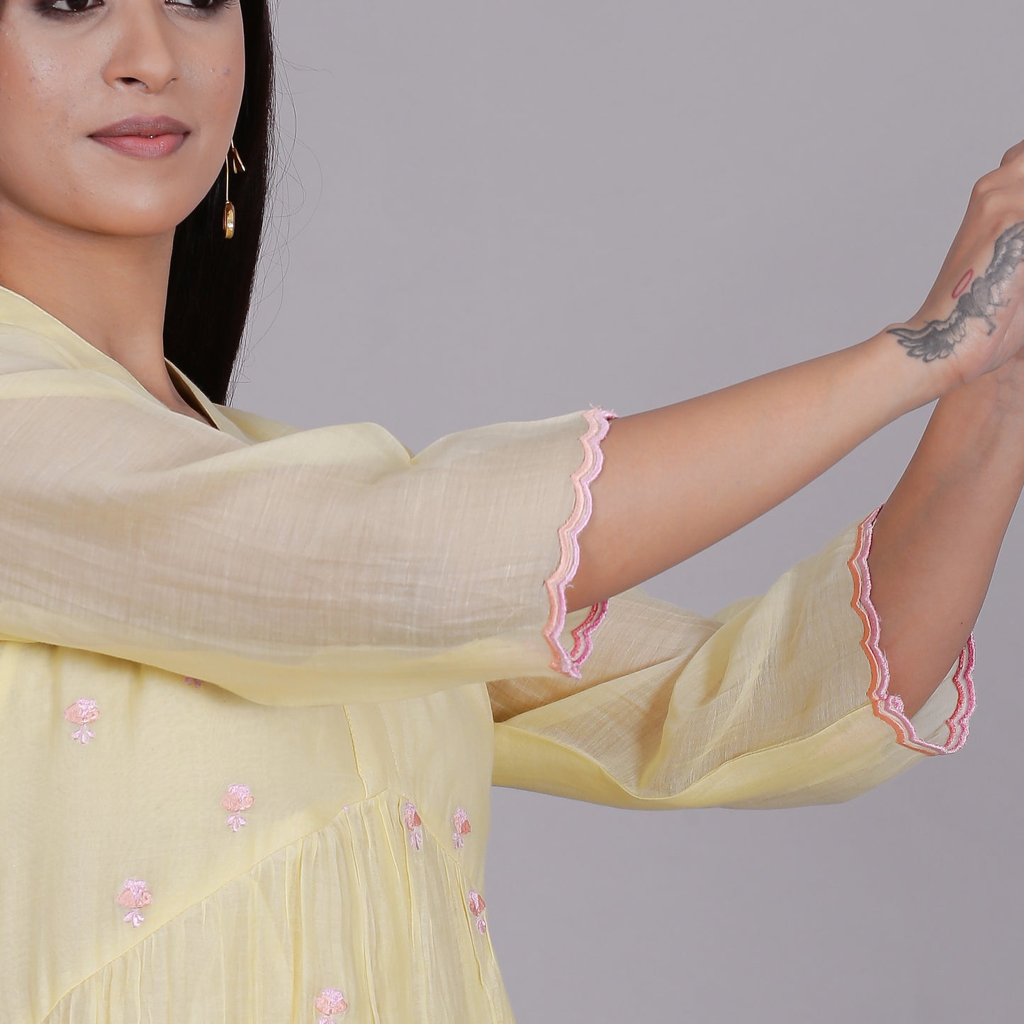Yellow Chanderi gathered dress with Embroidery