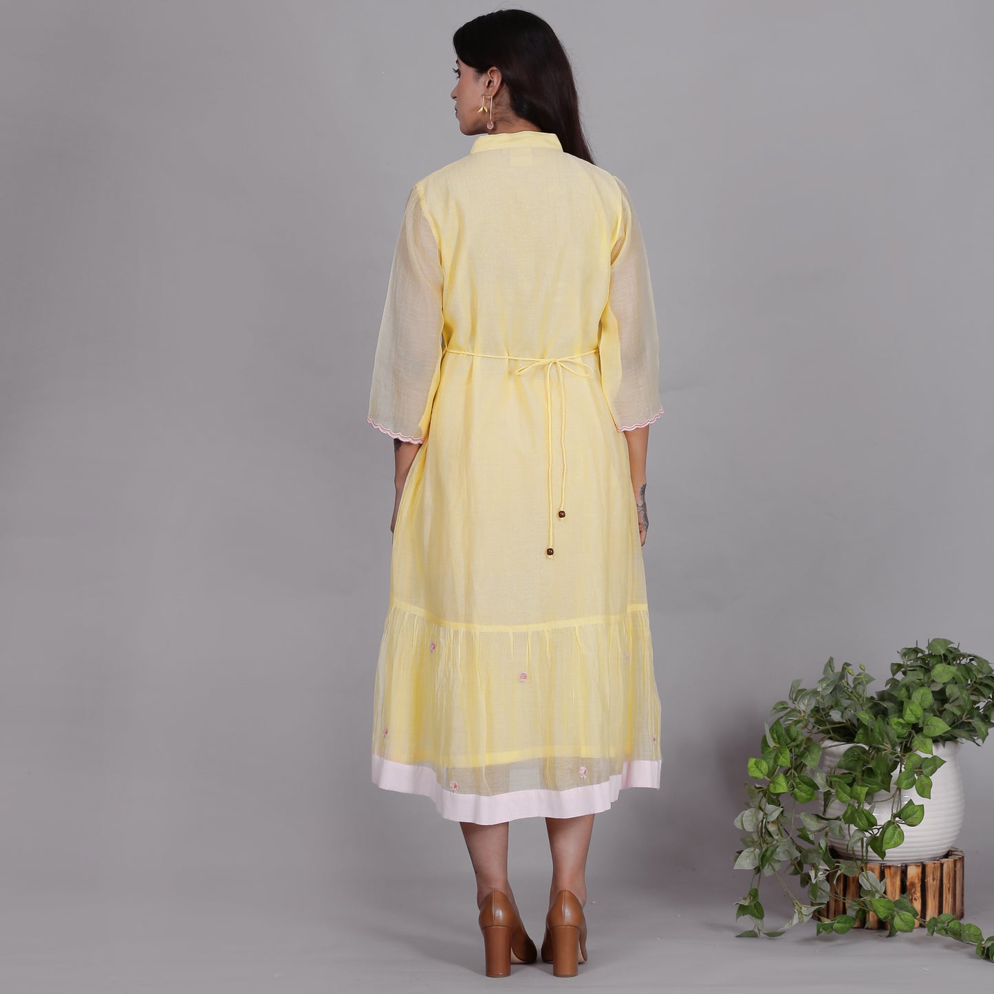 Yellow Chanderi gathered dress with Embroidery