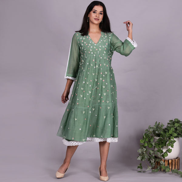 Green Chanderi gathered dress with Embroidery