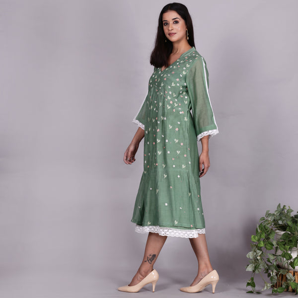 Green Chanderi gathered dress with Embroidery