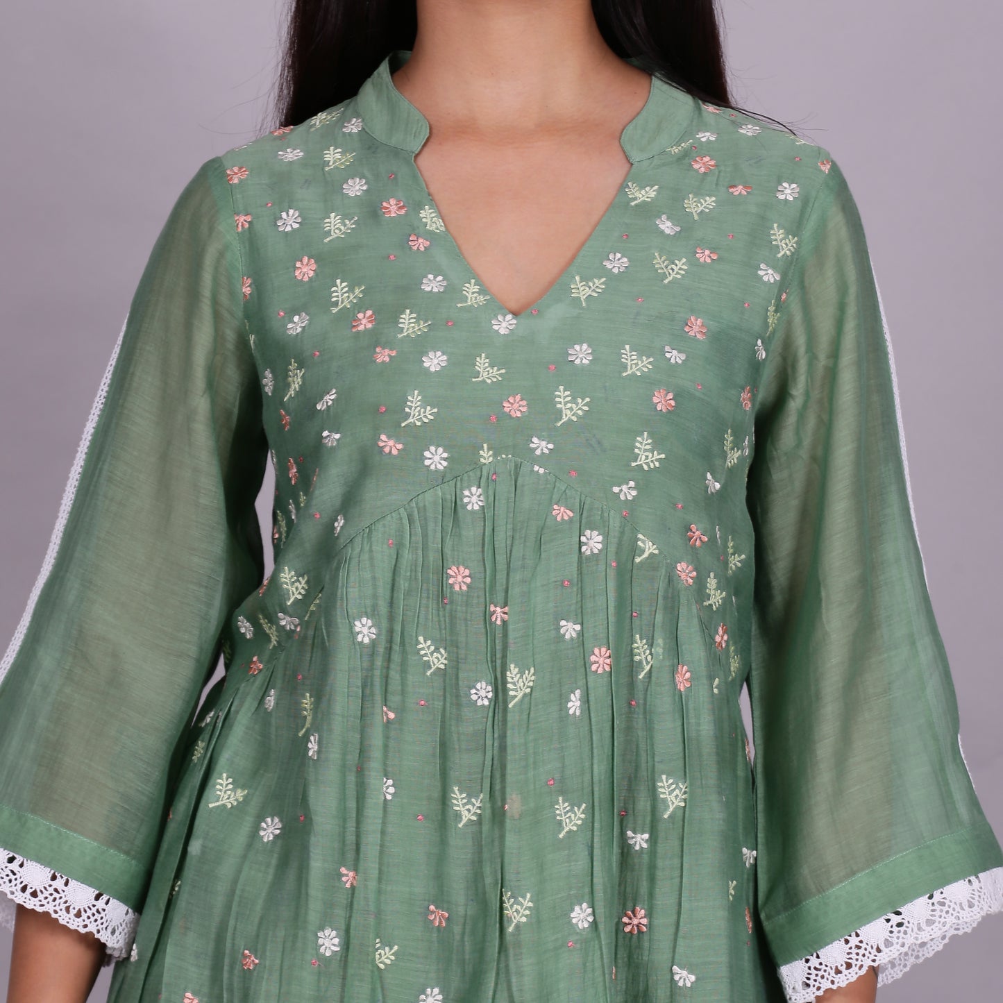 Green Chanderi gathered dress with Embroidery