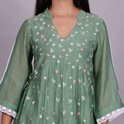 Green Chanderi gathered dress with Embroidery