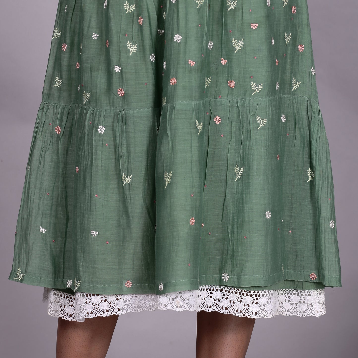 Green Chanderi gathered dress with Embroidery