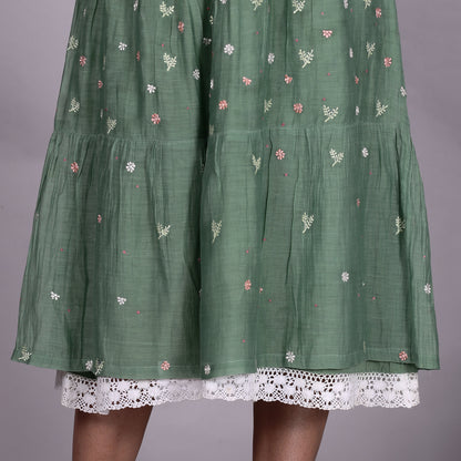 Green Chanderi gathered dress with Embroidery