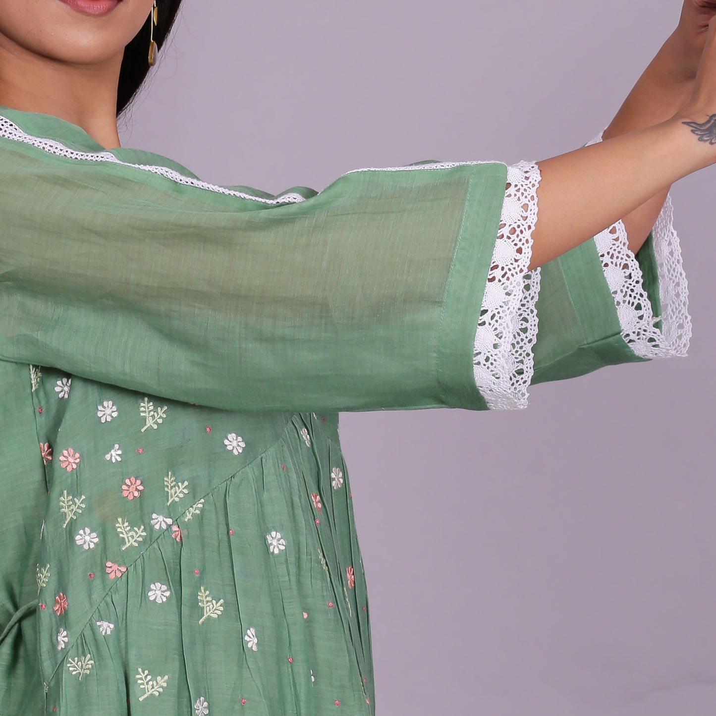 Green Chanderi gathered dress with Embroidery