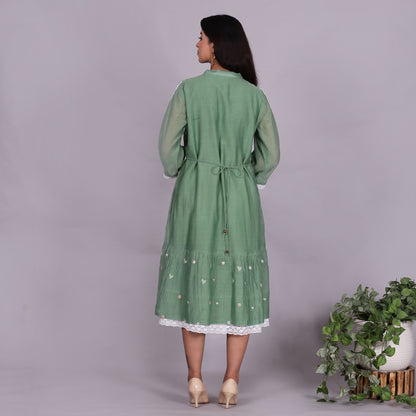 Green Chanderi gathered dress with Embroidery