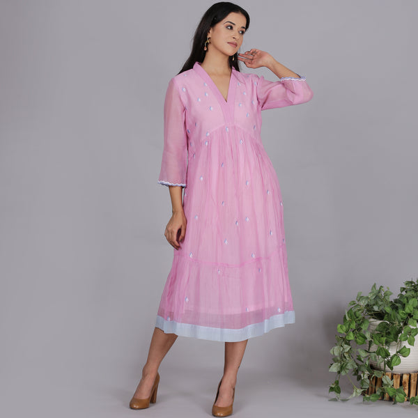 Pink Chanderi gathered dress with Embroidery