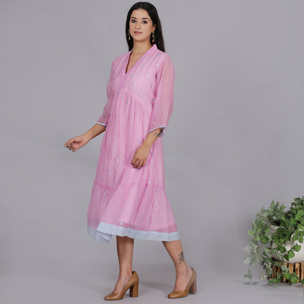 Pink Chanderi gathered dress with Embroidery