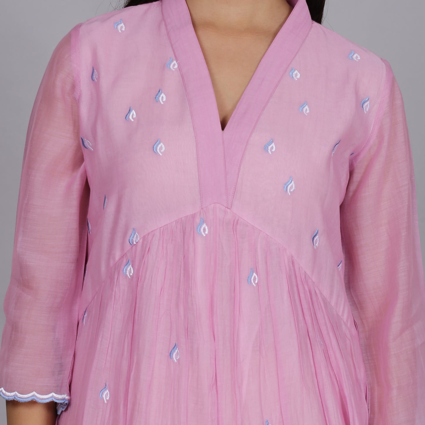 Pink Chanderi gathered dress with Embroidery