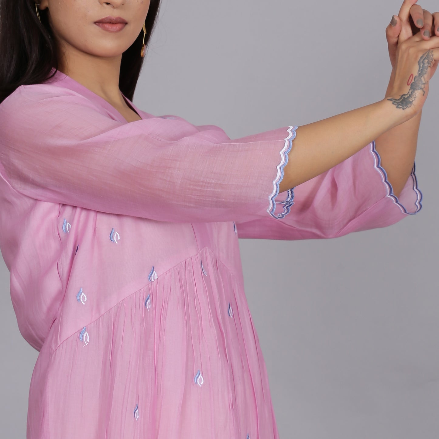 Pink Chanderi gathered dress with Embroidery