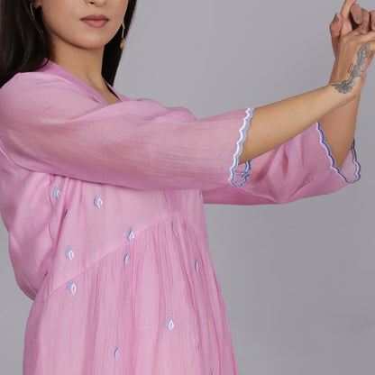 Pink Chanderi gathered dress with Embroidery