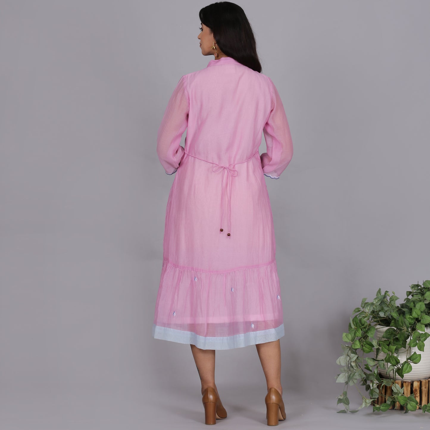 Pink Chanderi gathered dress with Embroidery