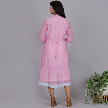Pink Chanderi gathered dress with Embroidery
