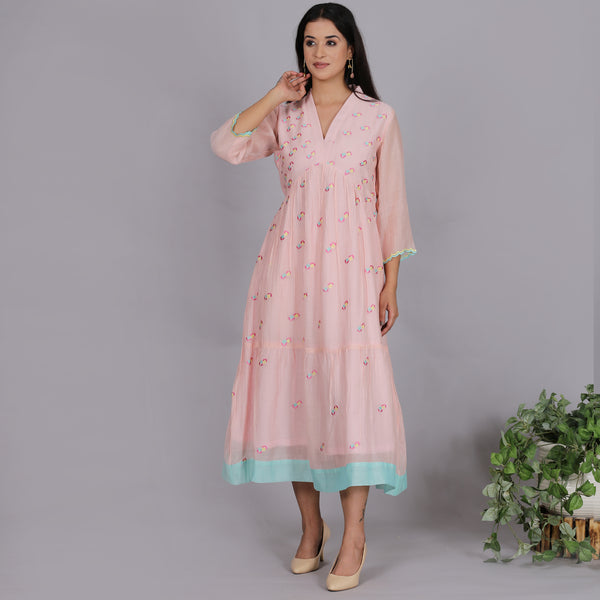 Peach Chanderi gathered dress with Embroidery