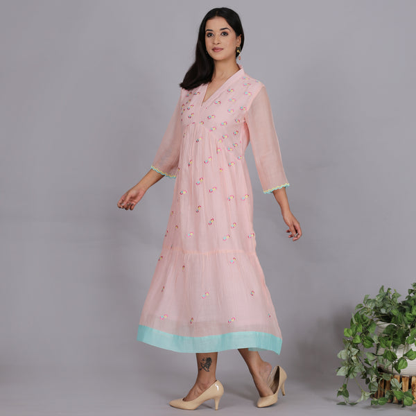 Peach Chanderi gathered dress with Embroidery